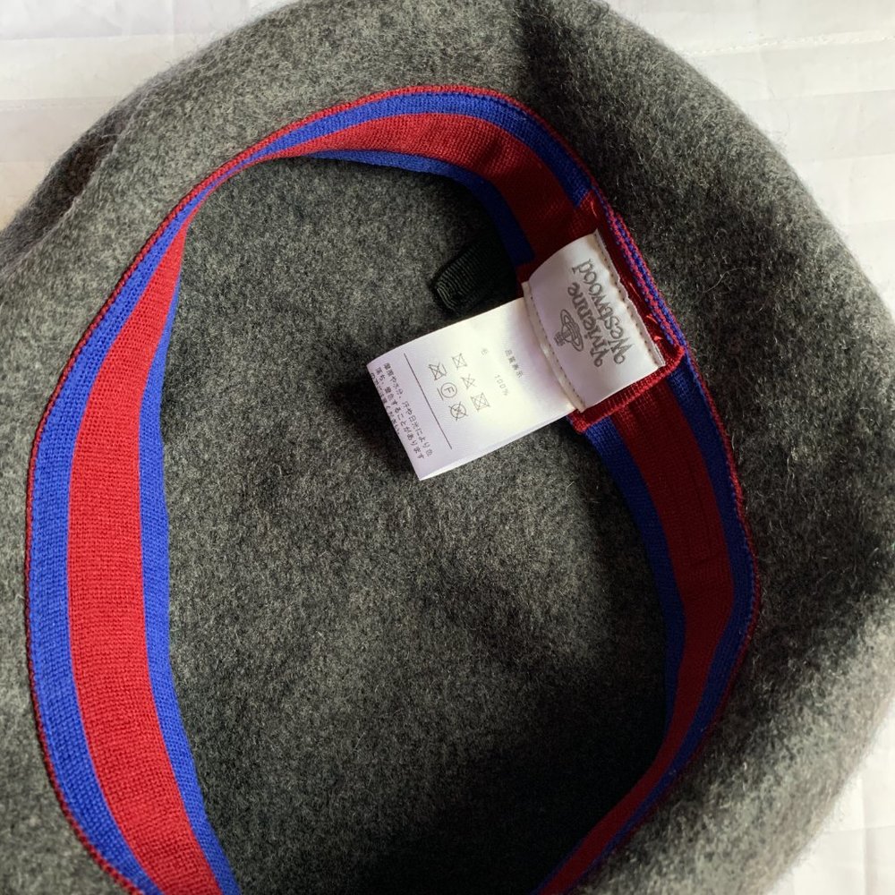 Vivienne Westwood gray wool beret with embroidery logo hat S M - Picture 3 of 8
